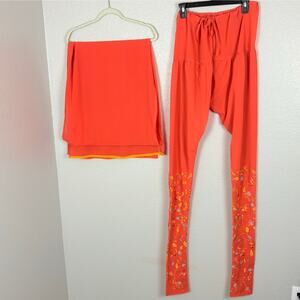 Approx S/M Orange Floral Embroidered Sequin Kurta Style Pants Matching Dupatta
